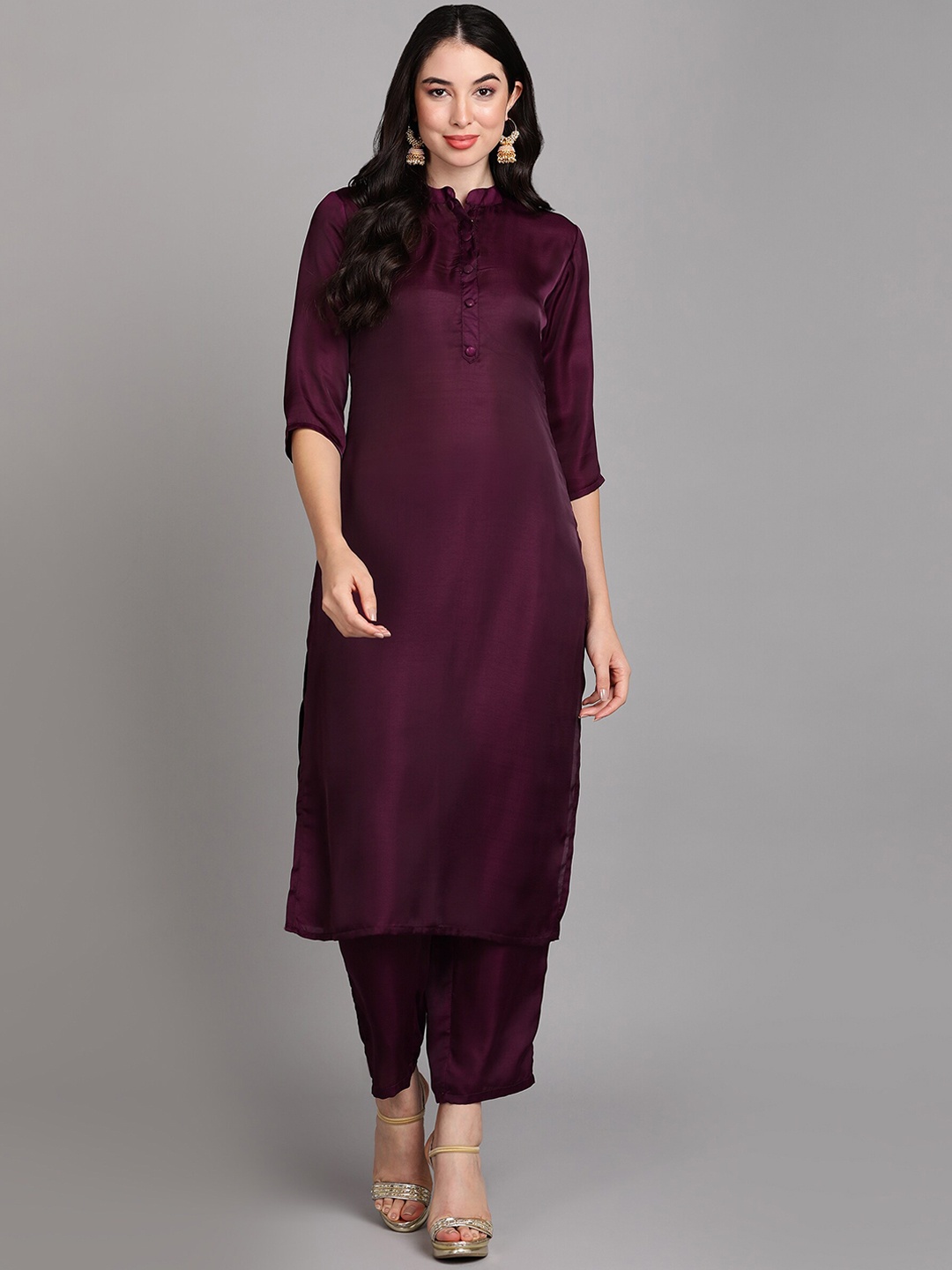 

V TRADITION Mandarin Collar Regular Kurta With Trousers, Purple