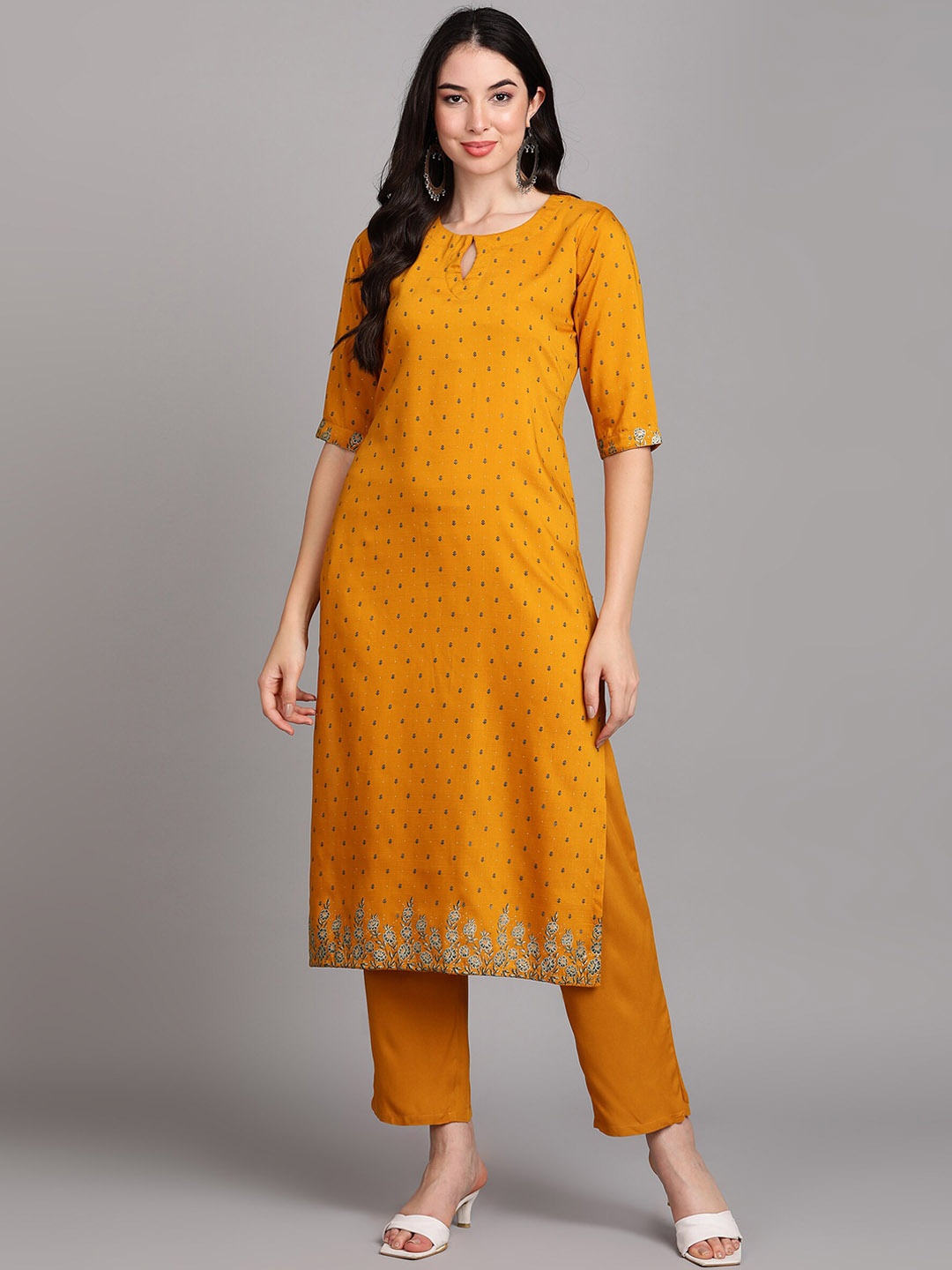 

V TRADITION Ethnic Motifs Printed Regular Kurta With Trousers, Mustard