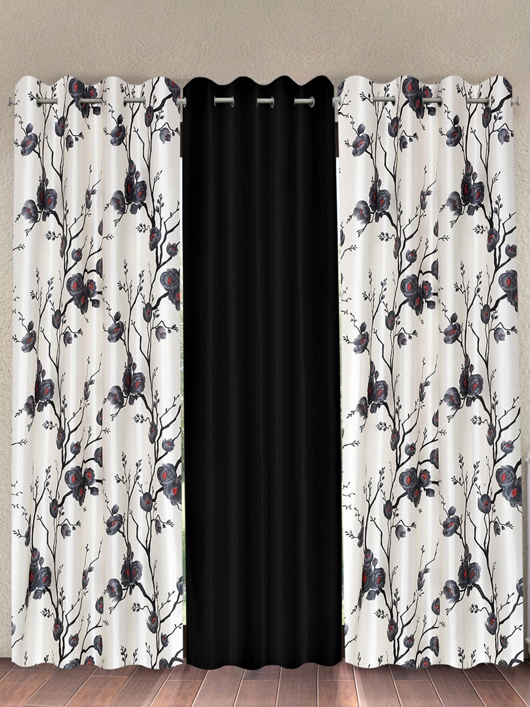 

Fashion String Black & White 3 Pieces Floral Printed Long Door Curtains