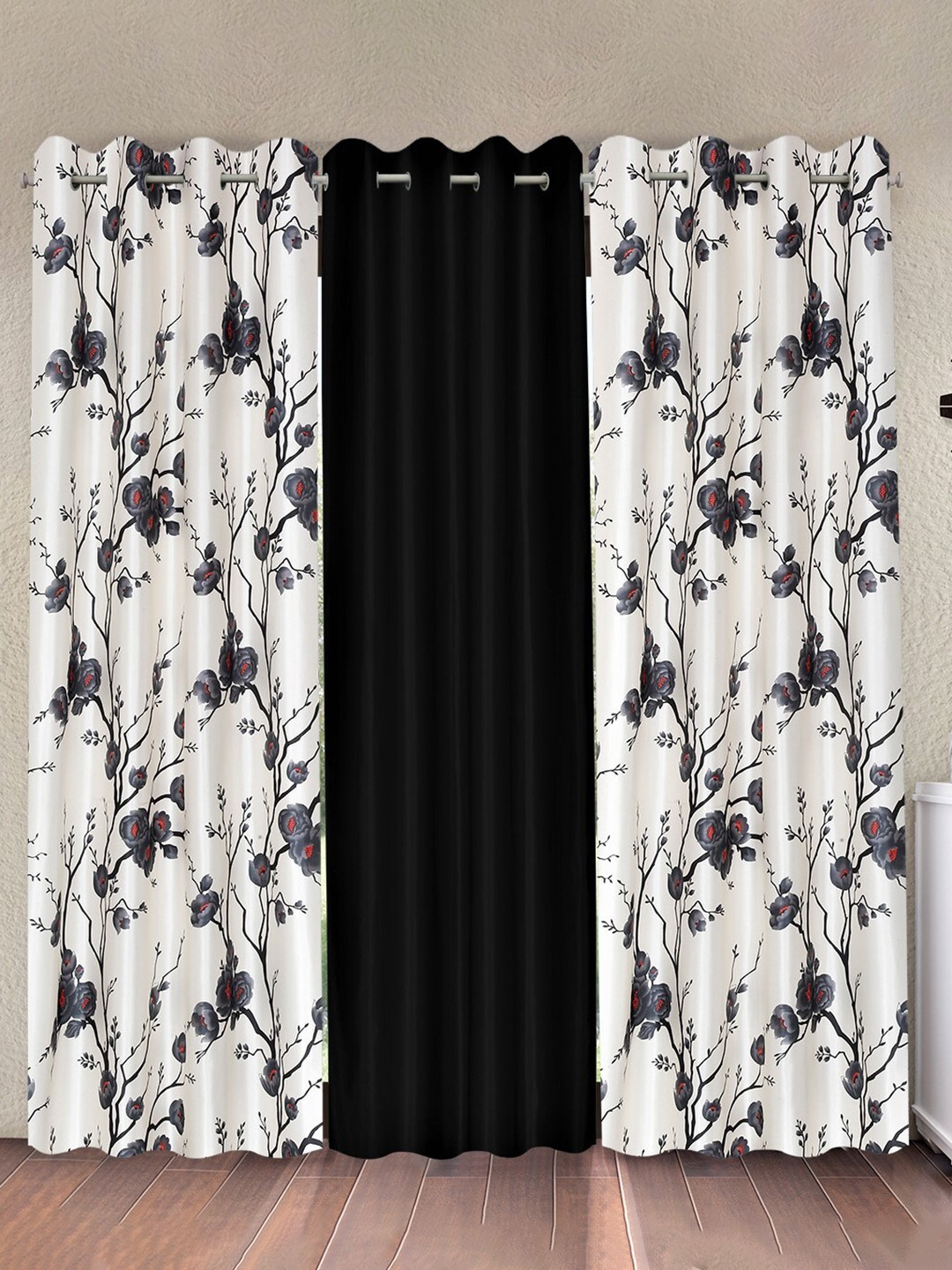 

Fashion String White & Black 3 Pieces Floral Printed Window Curtains