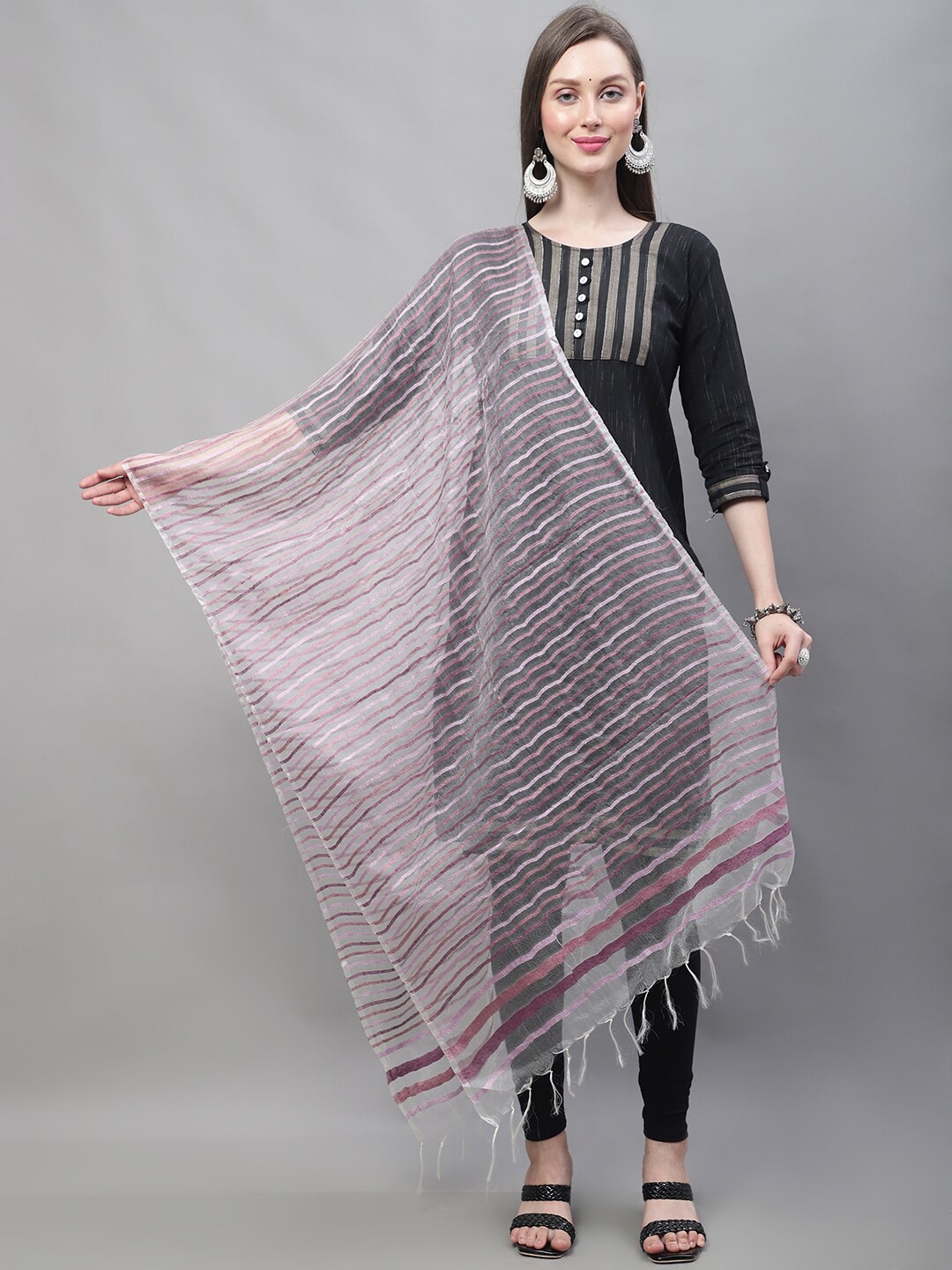 

LOOM LEGACY Striped Organza Dupatta With Tasselled Border, Purple