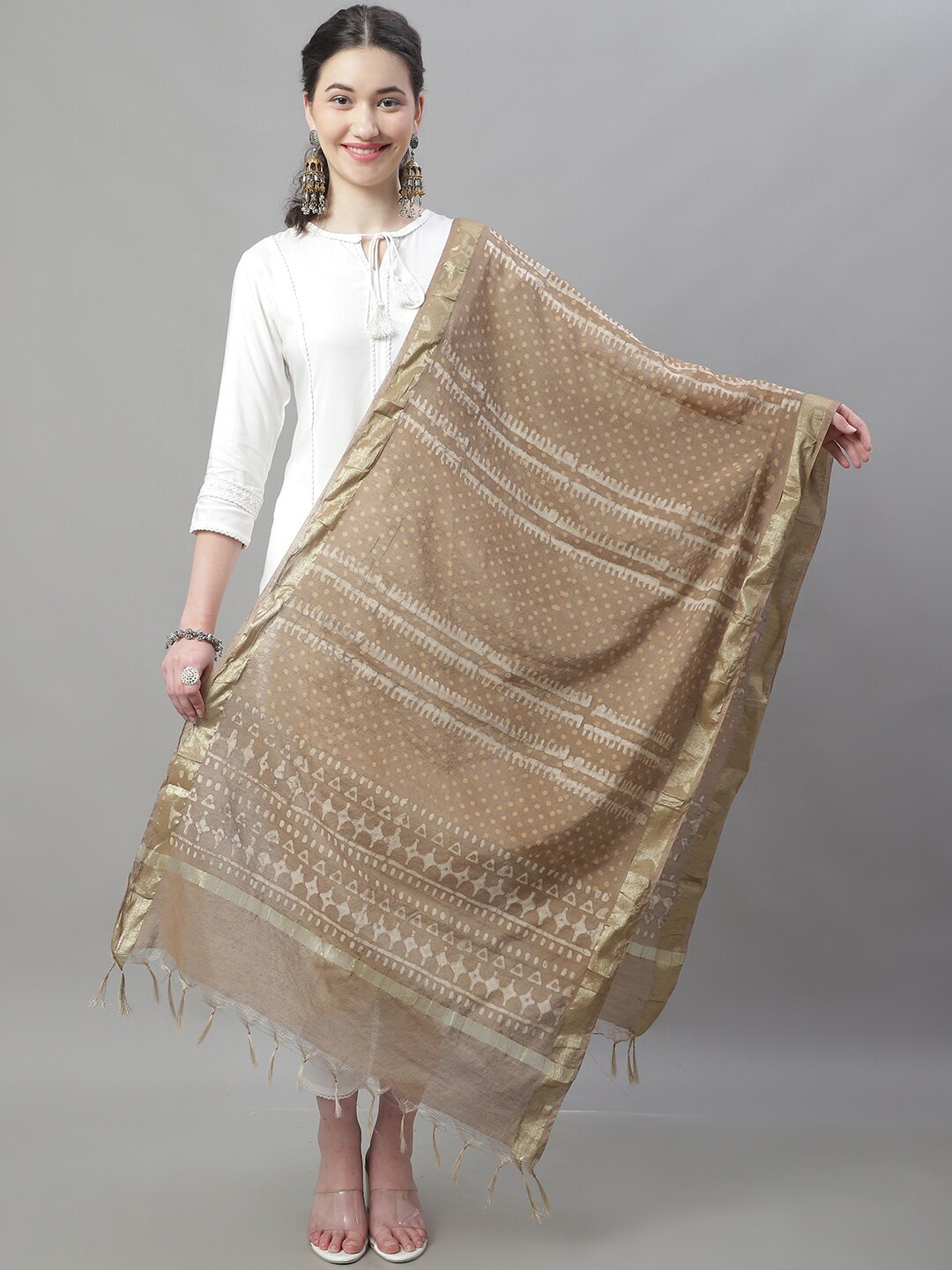 

LOOM LEGACY Woven Design Zari Dupatta With Tasselled Border, Brown