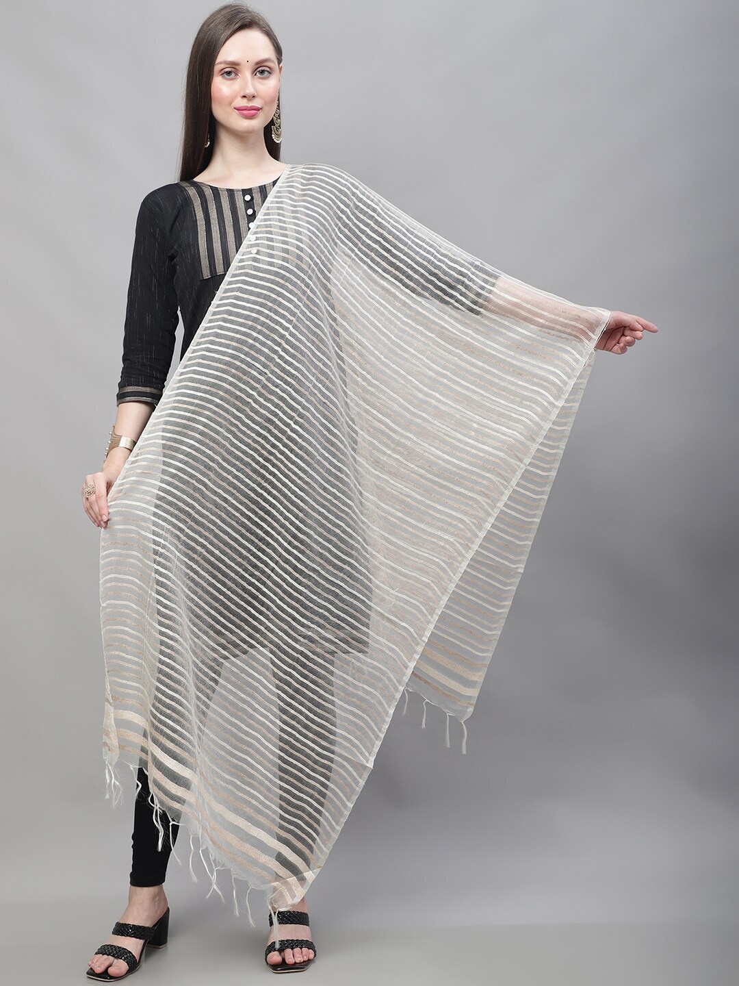 

LOOM LEGACY Woven Design Organza Dupatta, Off white