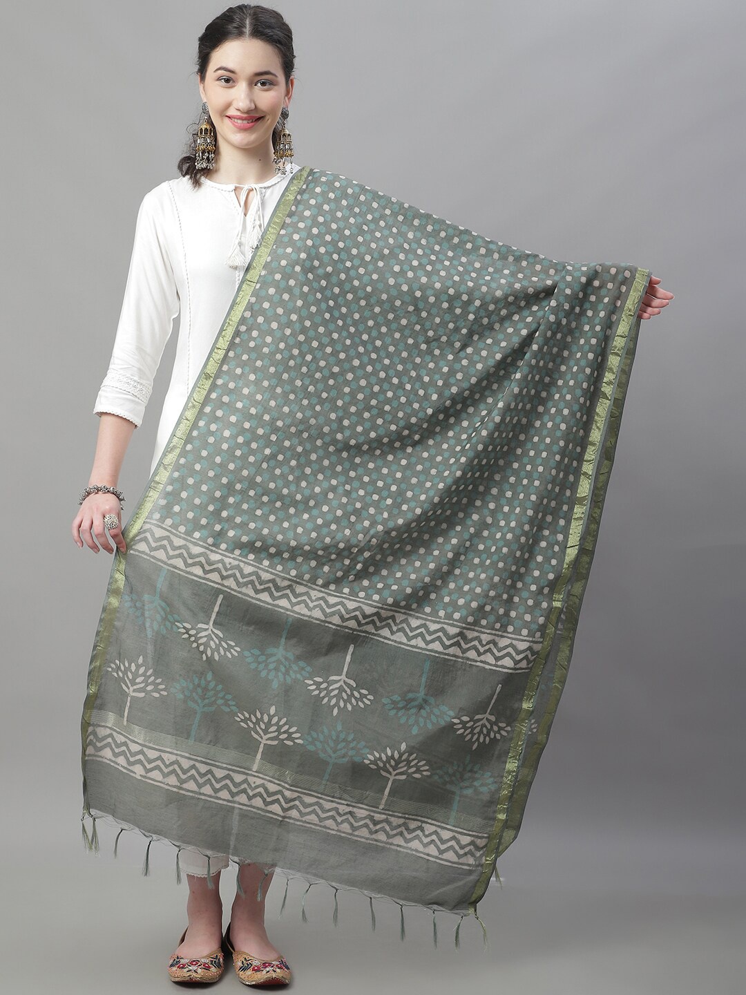 

LOOM LEGACY Ethnic Motifs Zari Bagru Printed Chanderi Dupatta, Grey