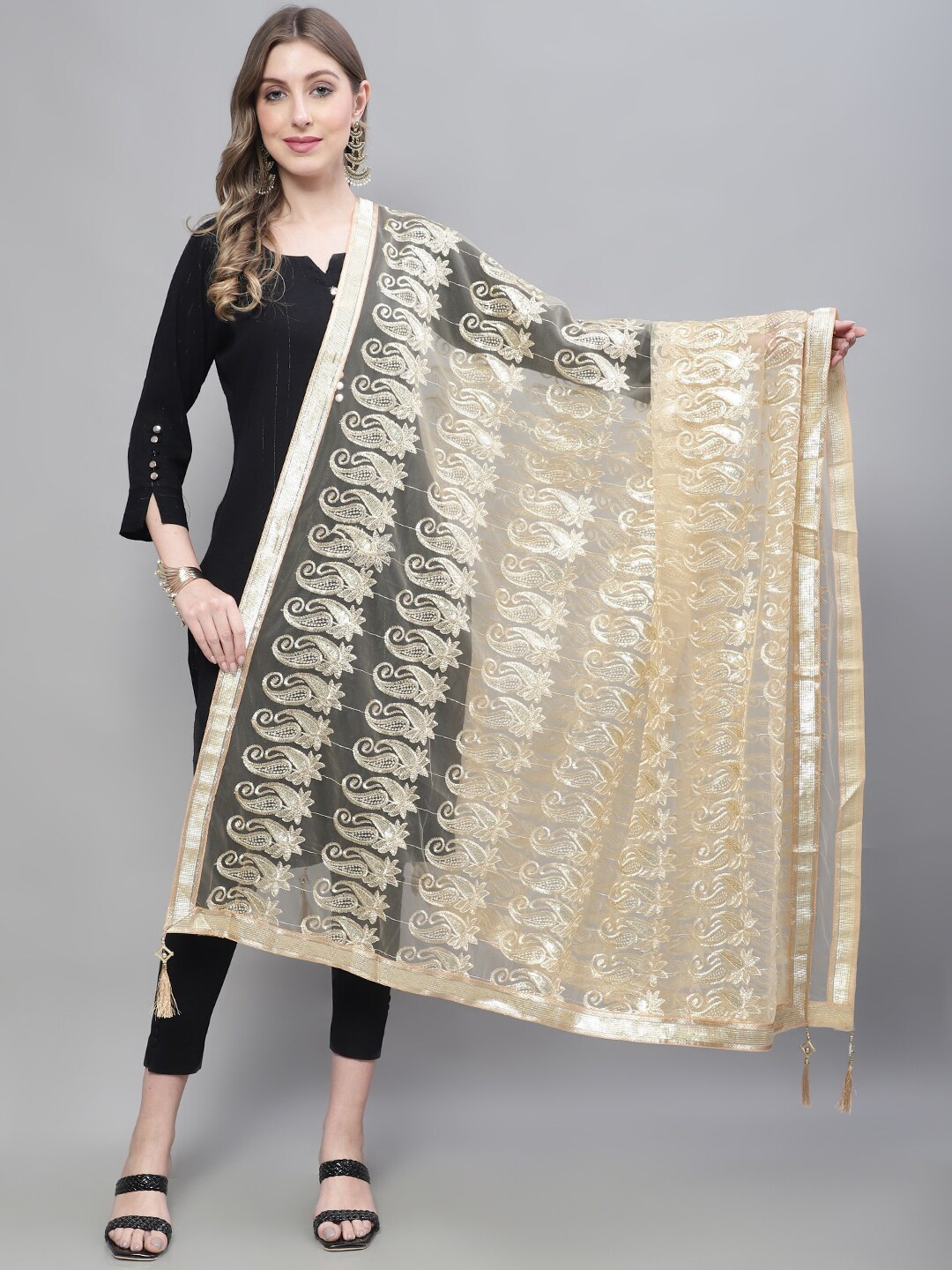 

LOOM LEGACY Paisley Embroidered Dupatta With Tasselled Border, Gold