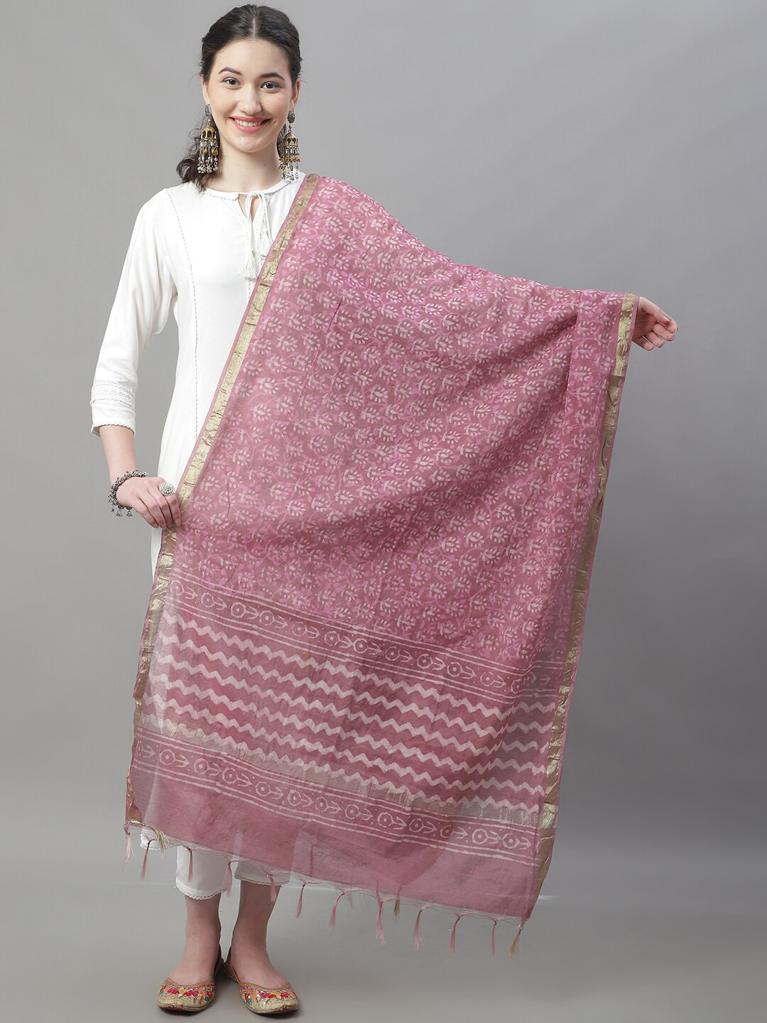 

LOOM LEGACY Ethnic Motifs Zari Printed Chanderi Dupatta, Pink