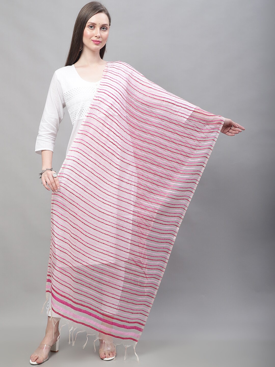 

LOOM LEGACY Striped Woven Design Dupatta, Pink