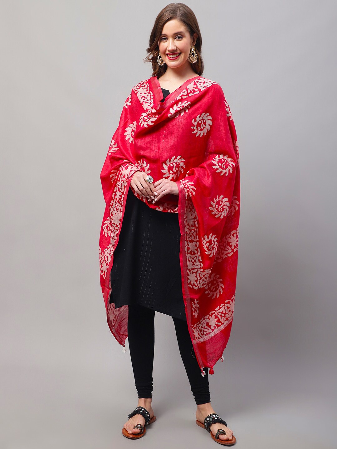 

LOOM LEGACY Ethnic Motifs Printed Cotton Dupatta, Red
