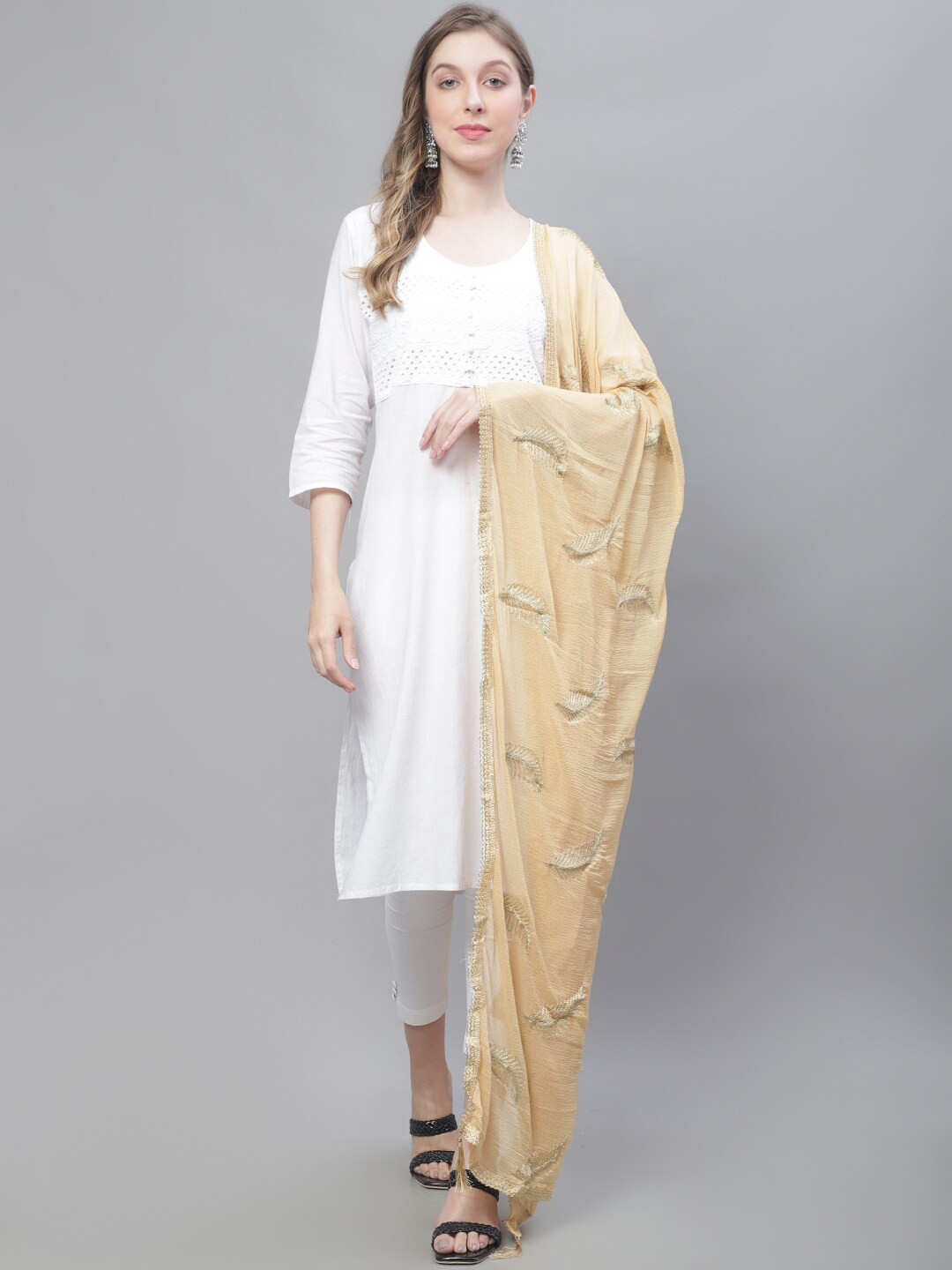 

LOOM LEGACY Floral Embroidered Dupatta With Taping Border, Gold
