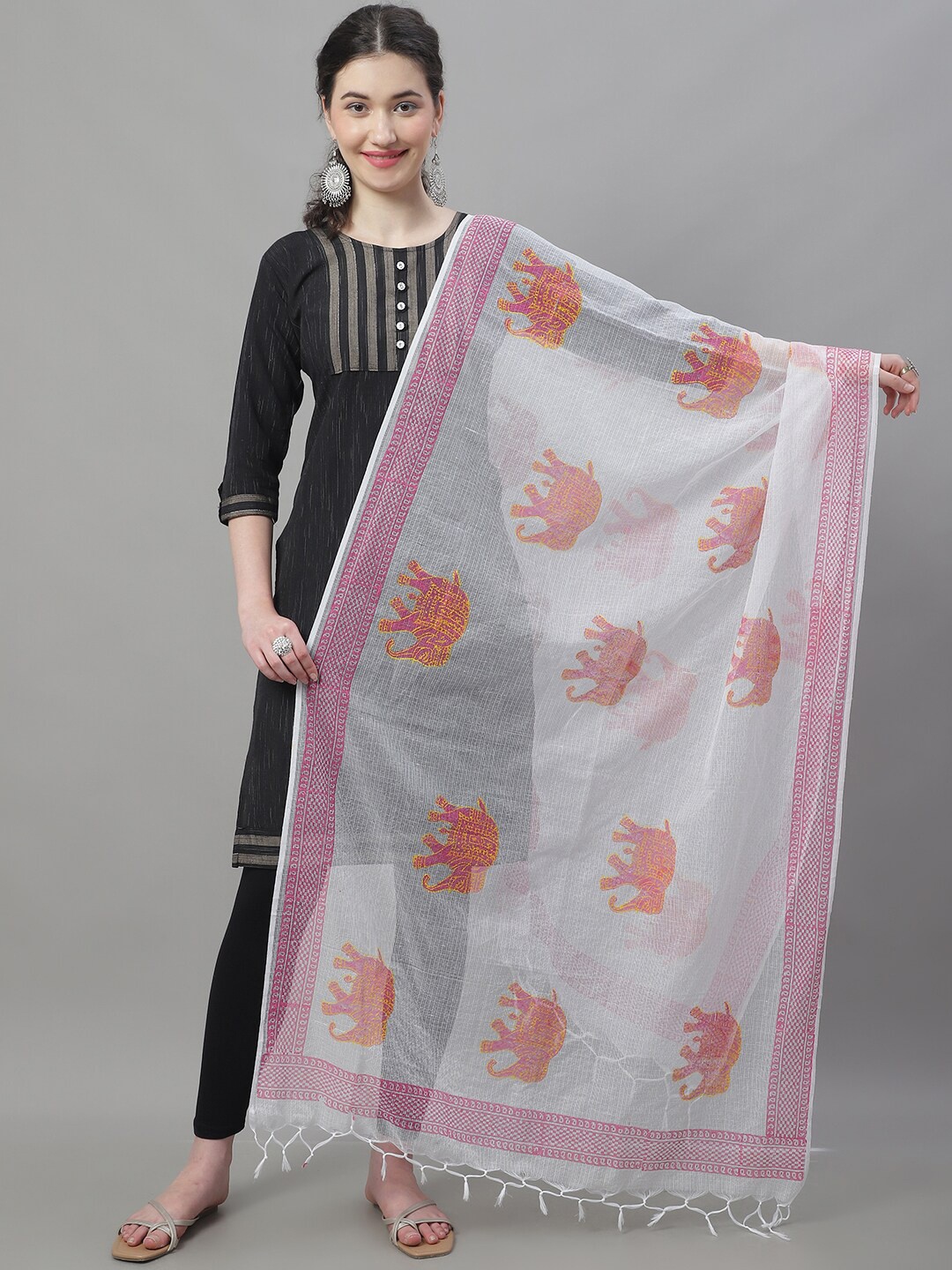 

LOOM LEGACY Ethnic Motifs Printed Dupatta With Tasselled Border, White