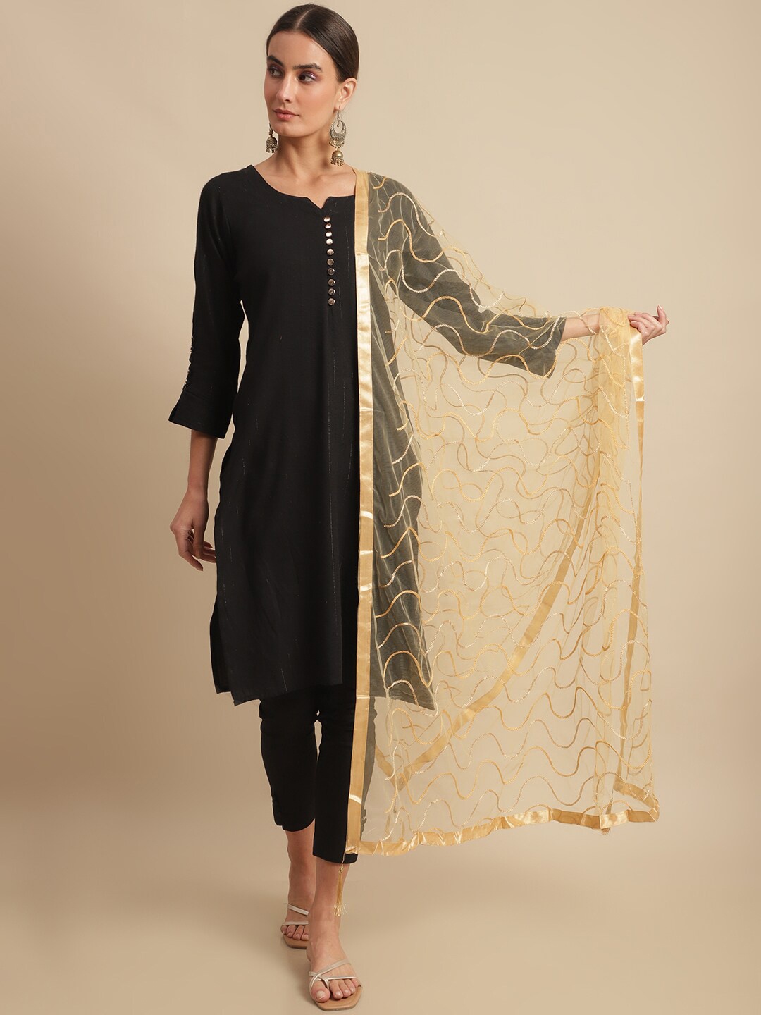 

LOOM LEGACY Abstract Embroidered Dupatta With Taping Border, Gold