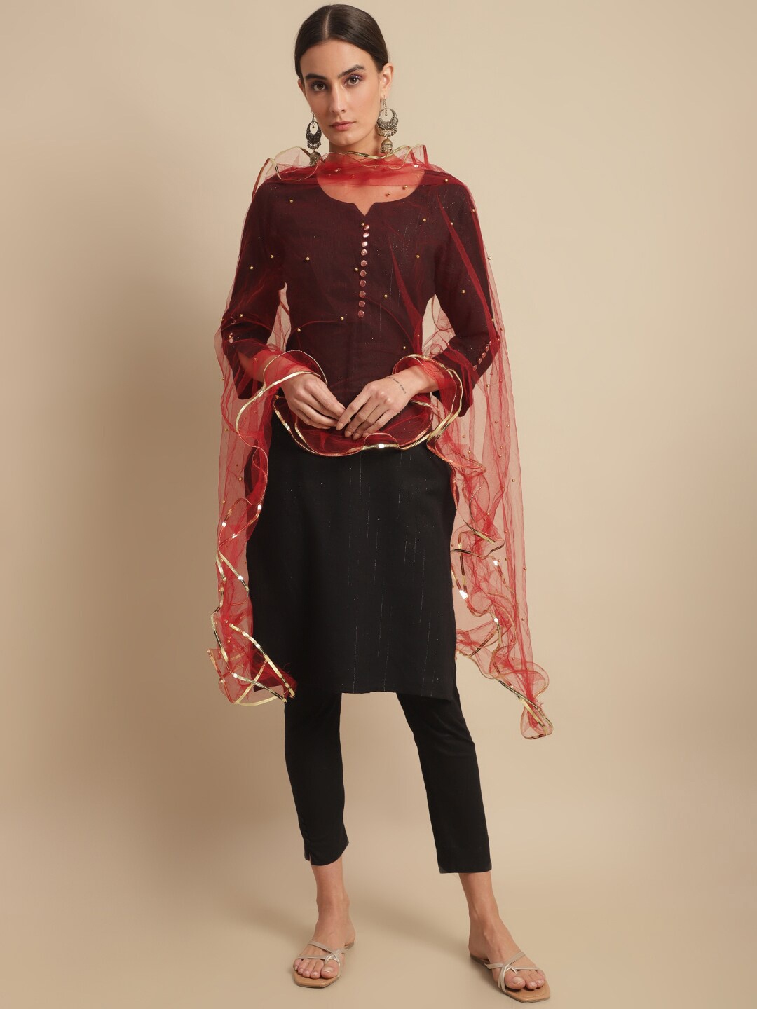 

LOOM LEGACY Polka Dots Beads And Stones Embroidered Dupatta, Red