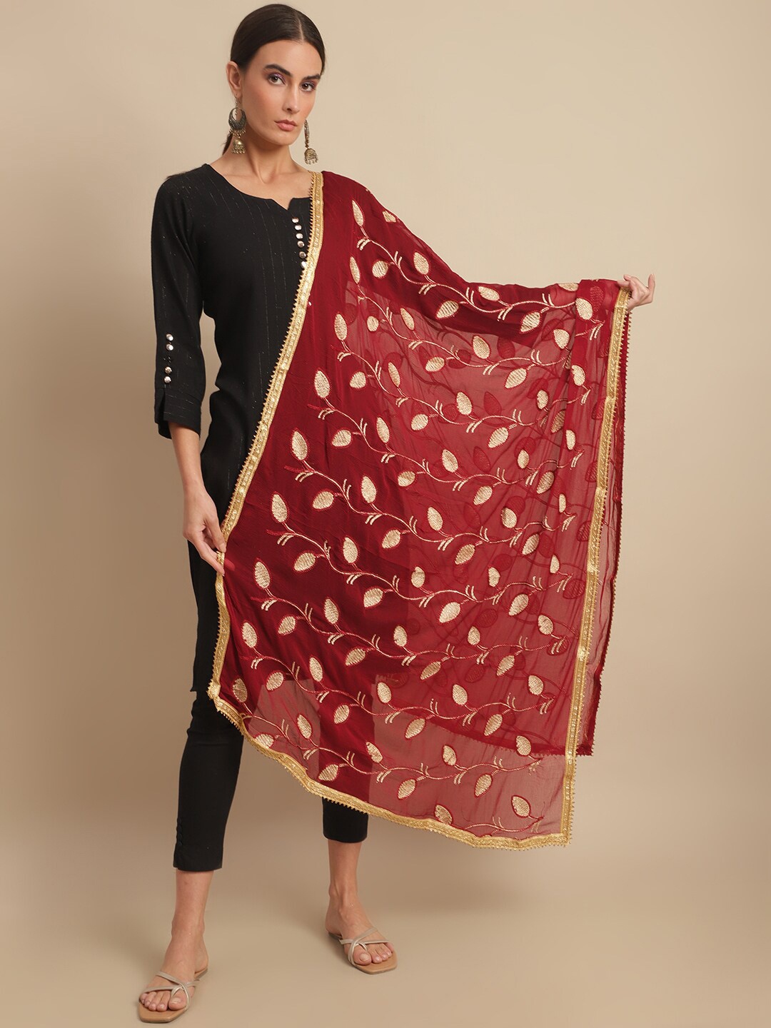 

LOOM LEGACY Floral Embroidered Chiffon Dupatta With Zari, Red