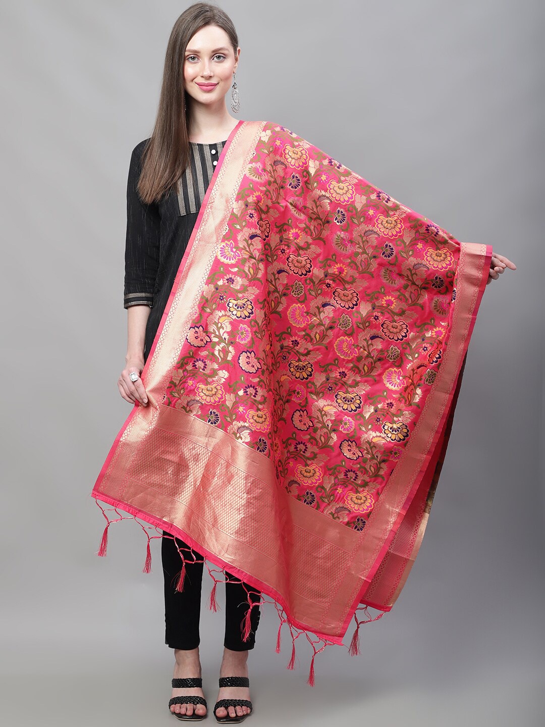 

LOOM LEGACY Floral Zari Woven Design Dupatta, Red