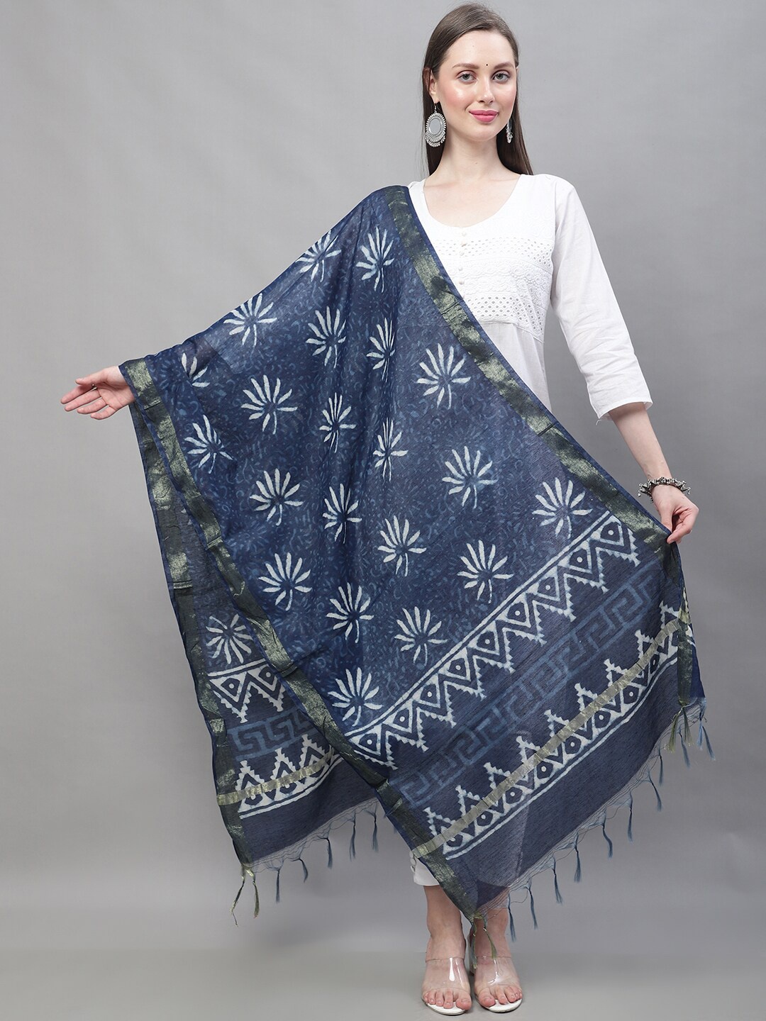 

LOOM LEGACY Ethnic Motifs Zari Printed Dupatta, Navy blue