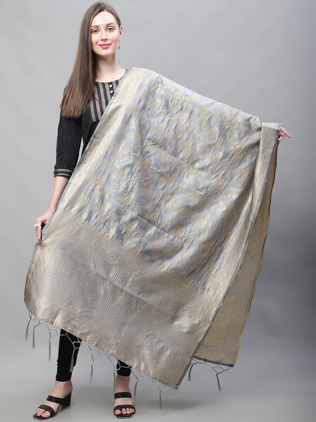 

LOOM LEGACY Ethnic Motifs Woven Design Zari Dupatta With Tasselled Border, Grey