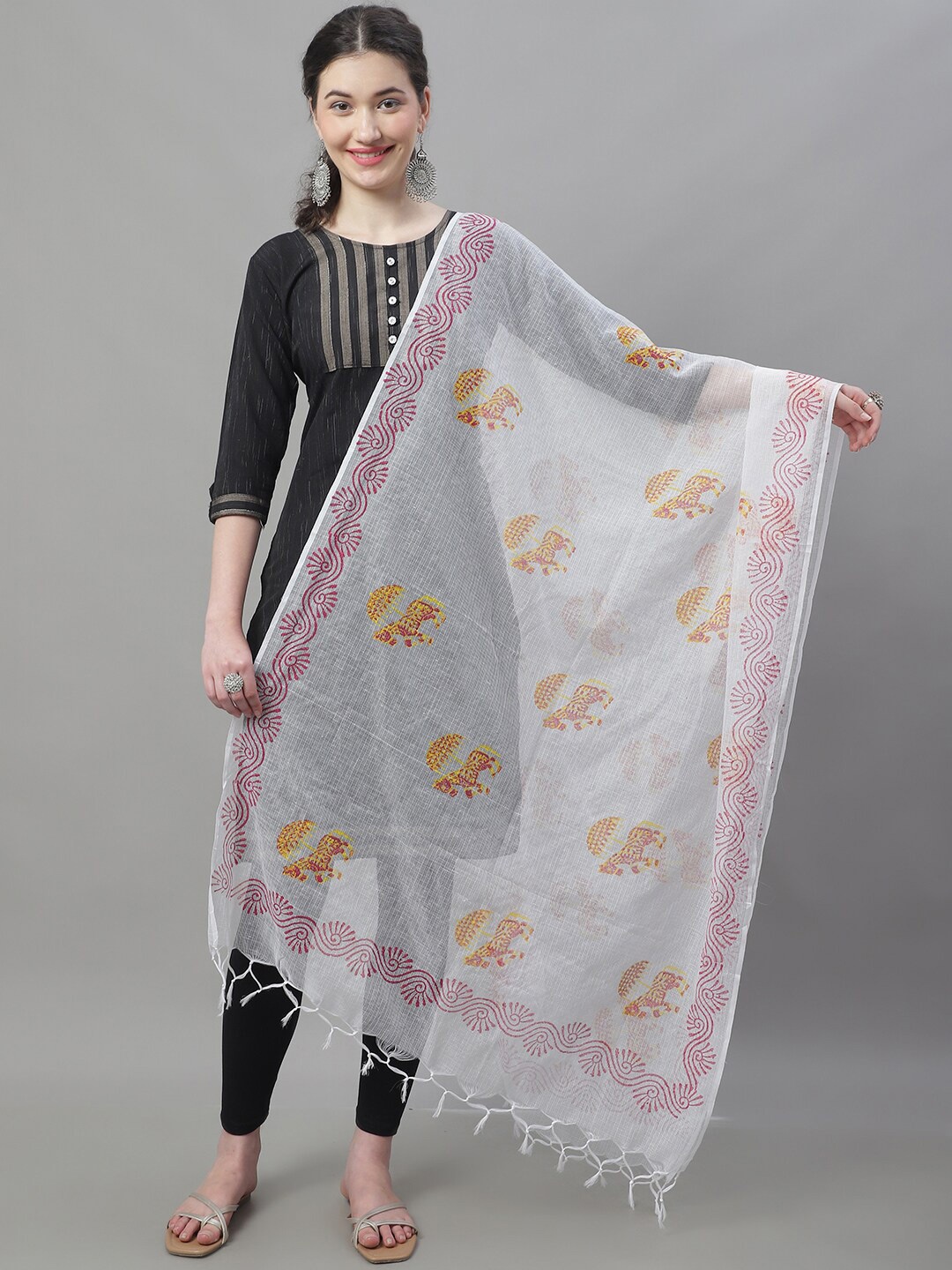 

LOOM LEGACY Ethnic Motifs Kota Printed Dupatta, White