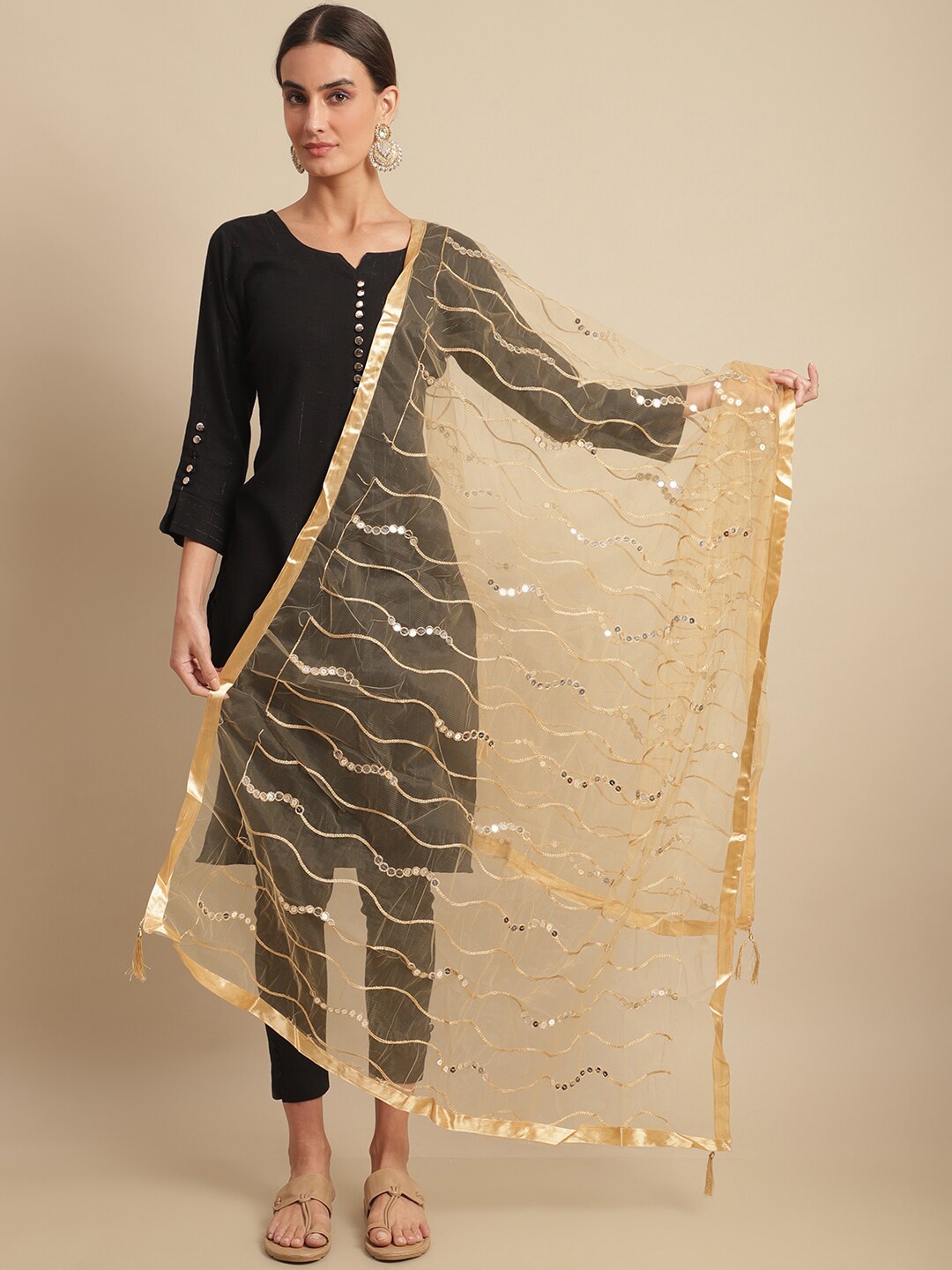 

LOOM LEGACY Woven Design Dupatta With Mirror Work, Gold