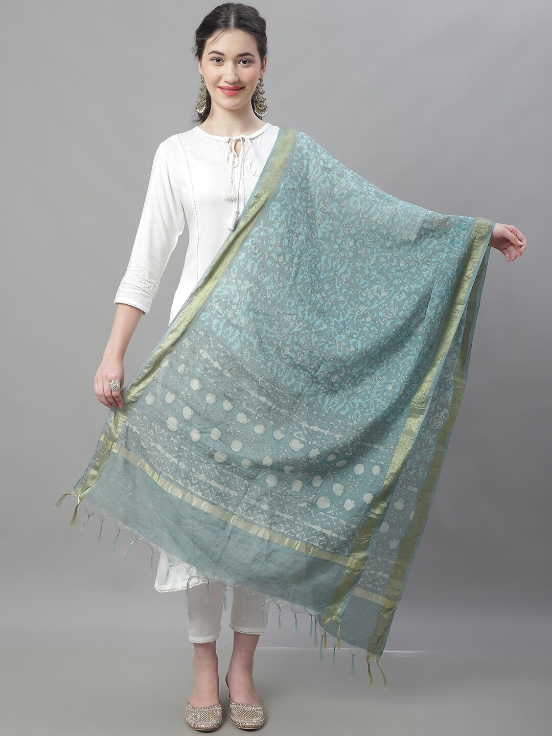 

LOOM LEGACY Printed Dupatta With Zari, Turquoise blue