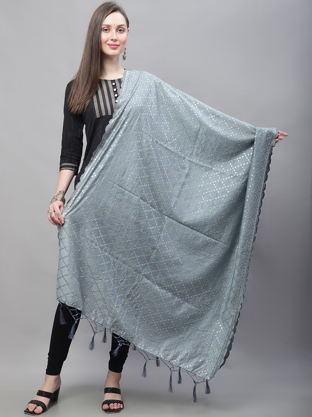 

LOOM LEGACY Sequinned Embellished Dupatta, Grey