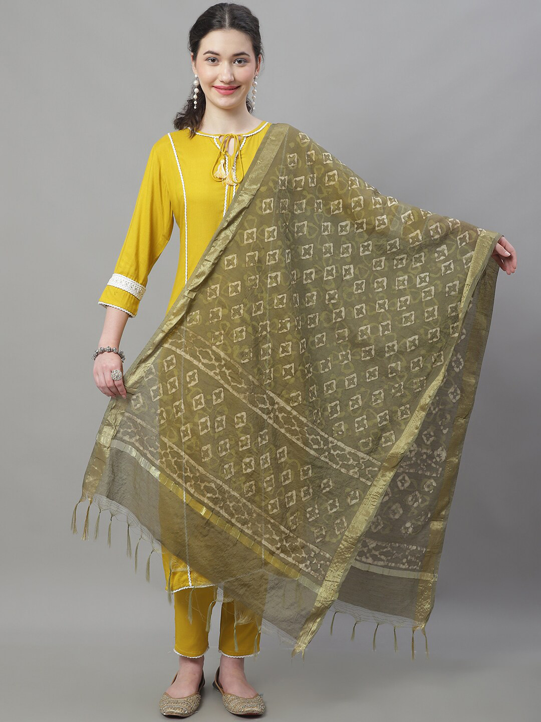 

LOOM LEGACY Ethnic Motifs Zari Printed Dupatta, Green