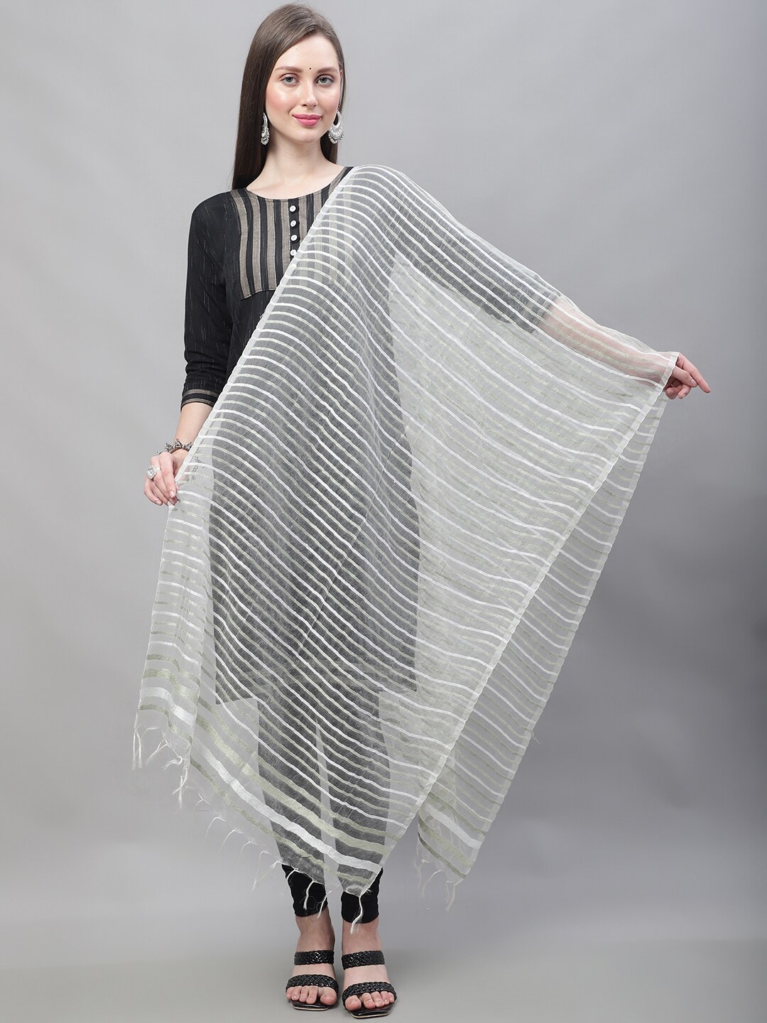 

LOOM LEGACY Striped Woven Design Dupatta, White