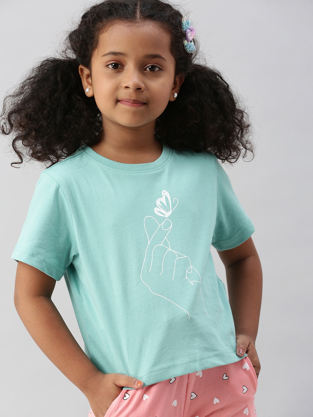 

PIPIN Girls Graphic Printed Round Neck Cotton T-shirt, Sea green