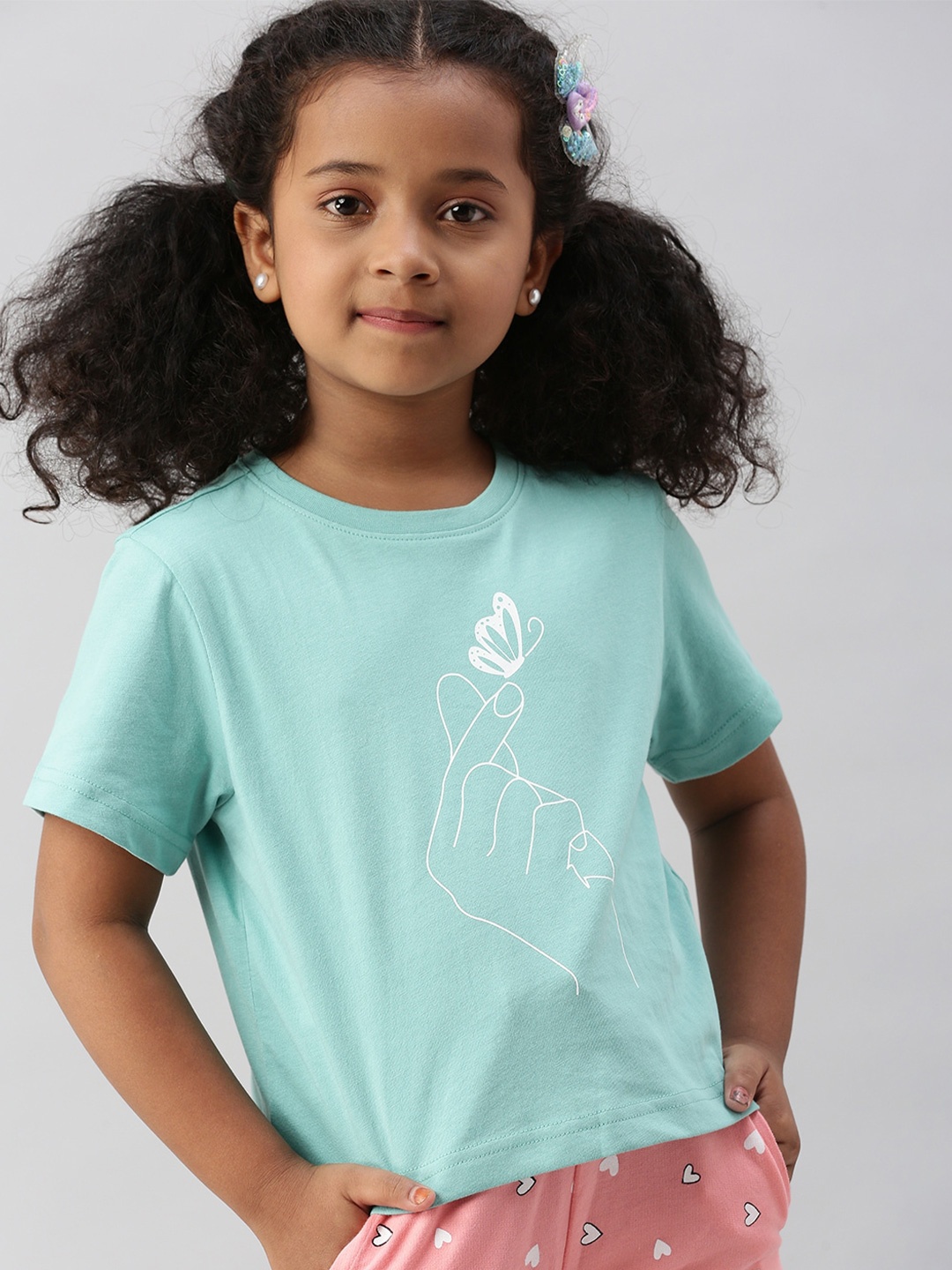 

PIPIN Girls Graphic Printed Round Neck Cotton T-shirt, Sea green
