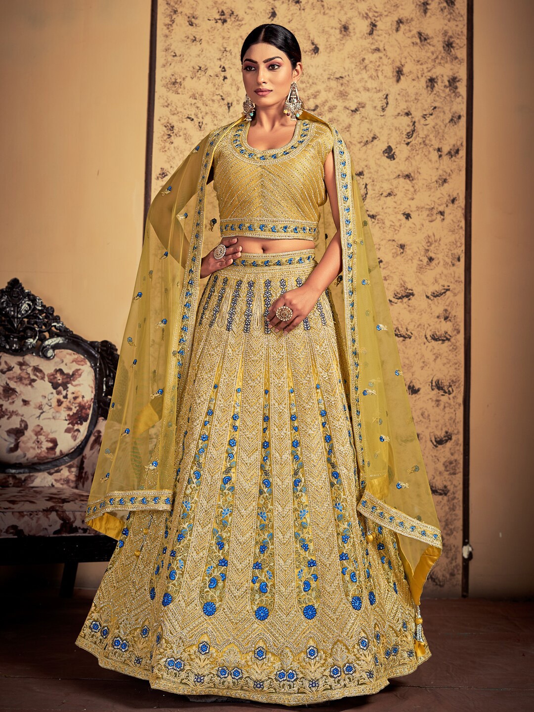 

Fusionic Embroidered Thread Work Ready to Wear Lehenga & Blouse With Dupatta, Yellow