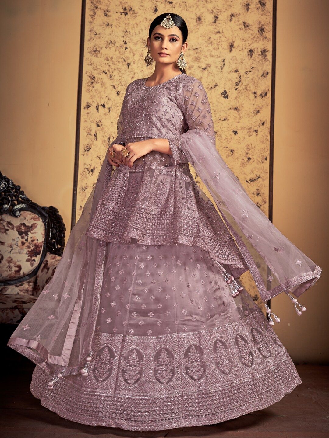 

Fusionic Embroidered Thread Work Ready to Wear Lehenga & Blouse With Dupatta, Mauve