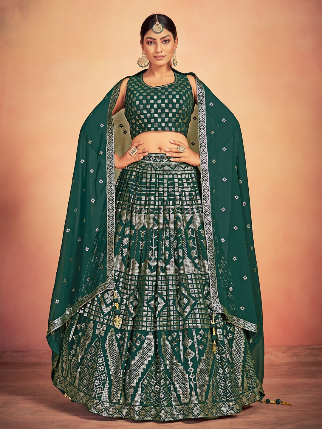 

Fusionic Embellished Ready to Wear Lehenga & Blouse With Dupatta, Green