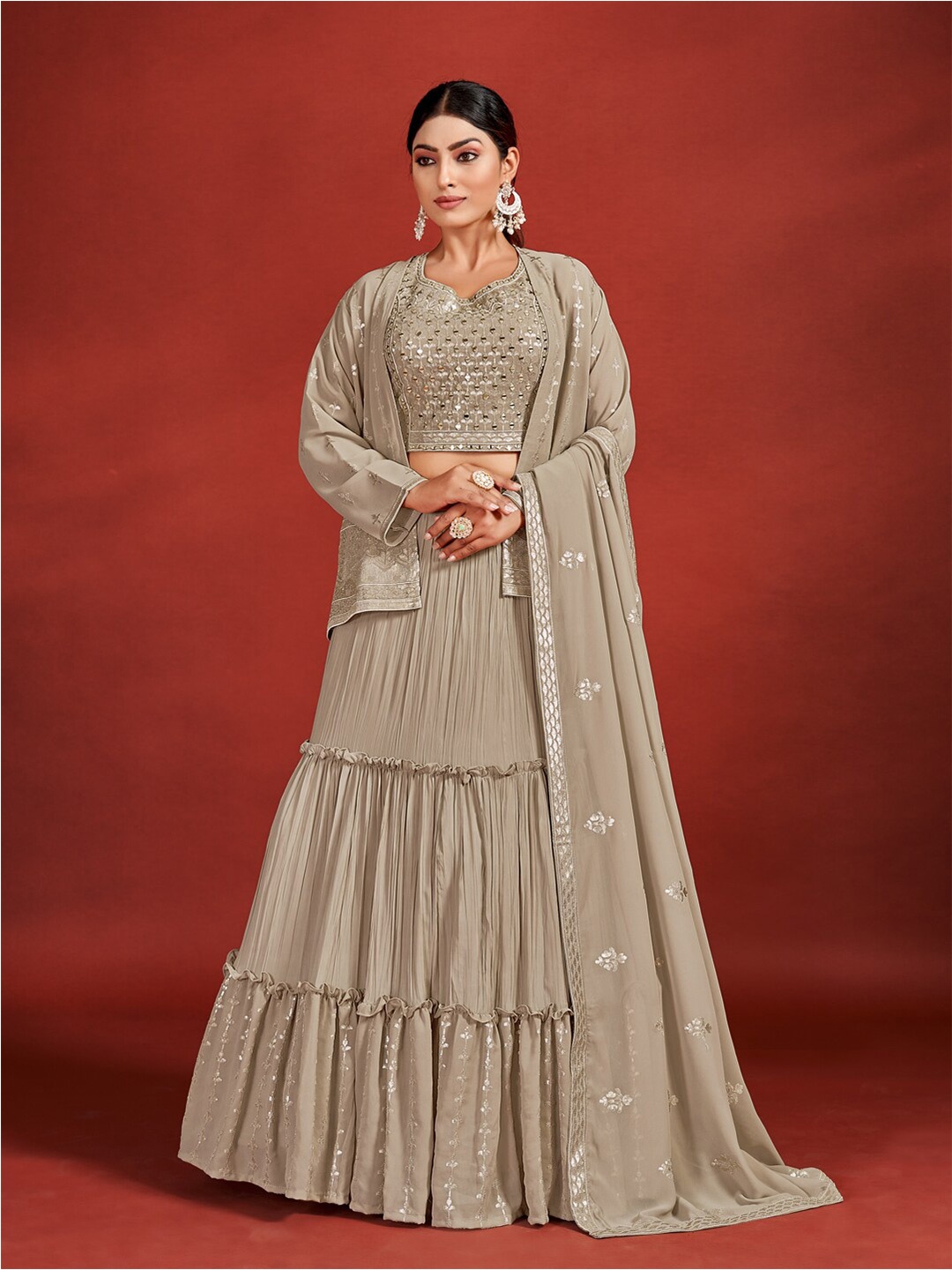 

Fusionic Embroidered Ready to Wear Lehenga & Blouse With Dupatta, Beige