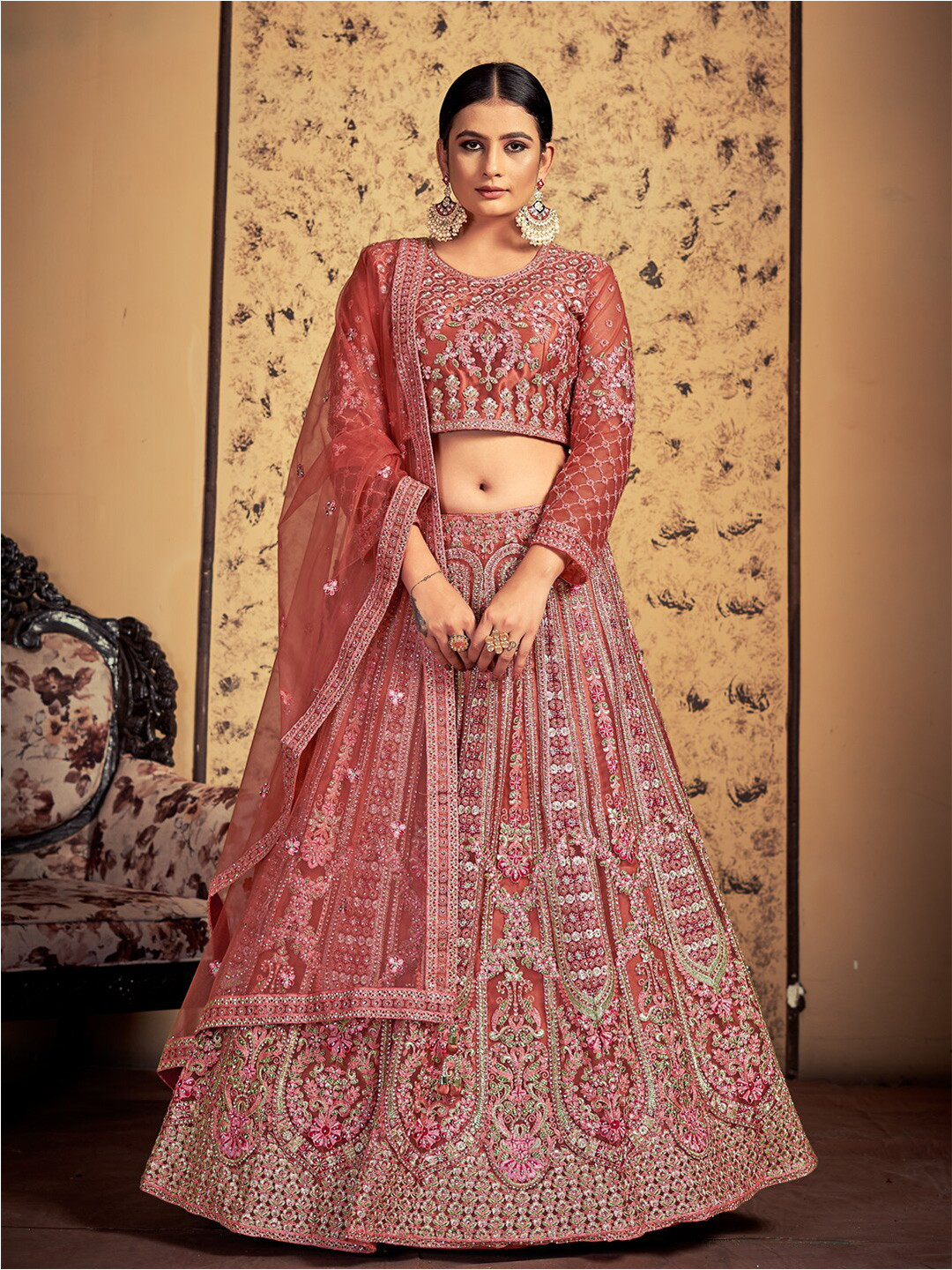 

Fusionic Embroidered Thread Work Ready to Wear Lehenga & Blouse With Dupatta, Pink