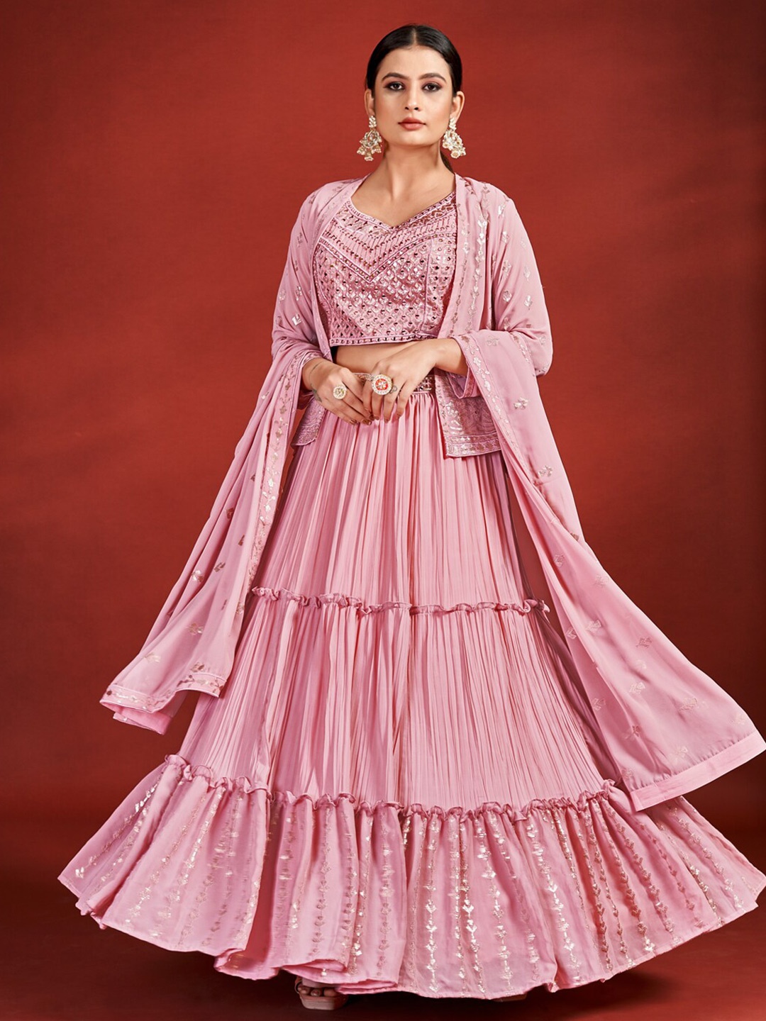 

Fusionic Embroidered Ready to Wear Lehenga & Blouse With Dupatta, Pink