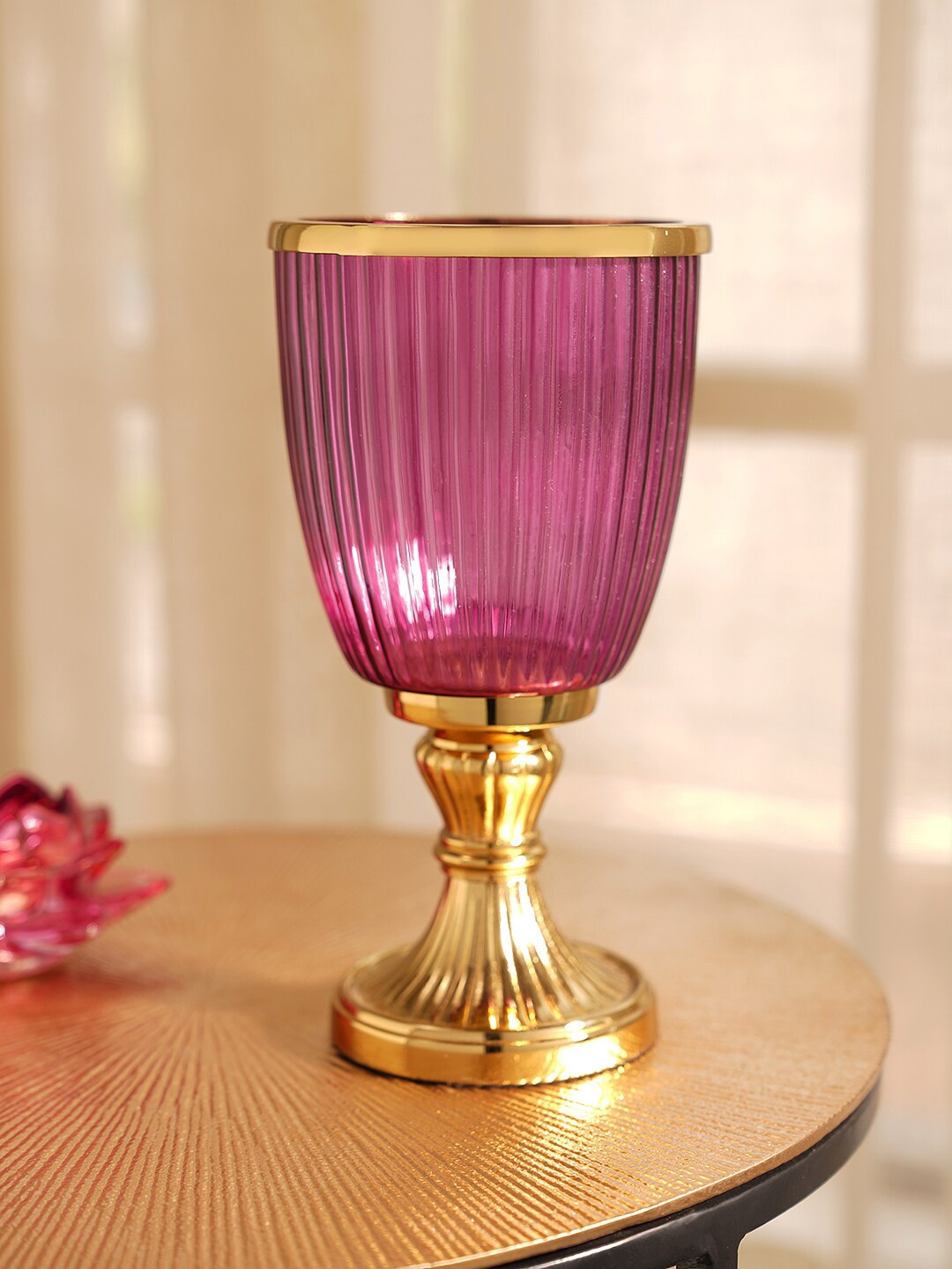 

Pure Home and Living Purple & Gold Toned Textured Glass Hurricane With Stand