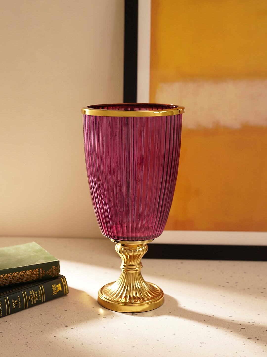 

Pure Home and Living Purple & Gold Toned Textured Glass Hurricane With Stand