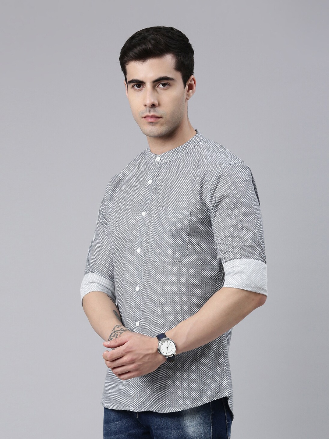 

Kryptic Printed Mandarin Collar Cotton Casual Shirt, White