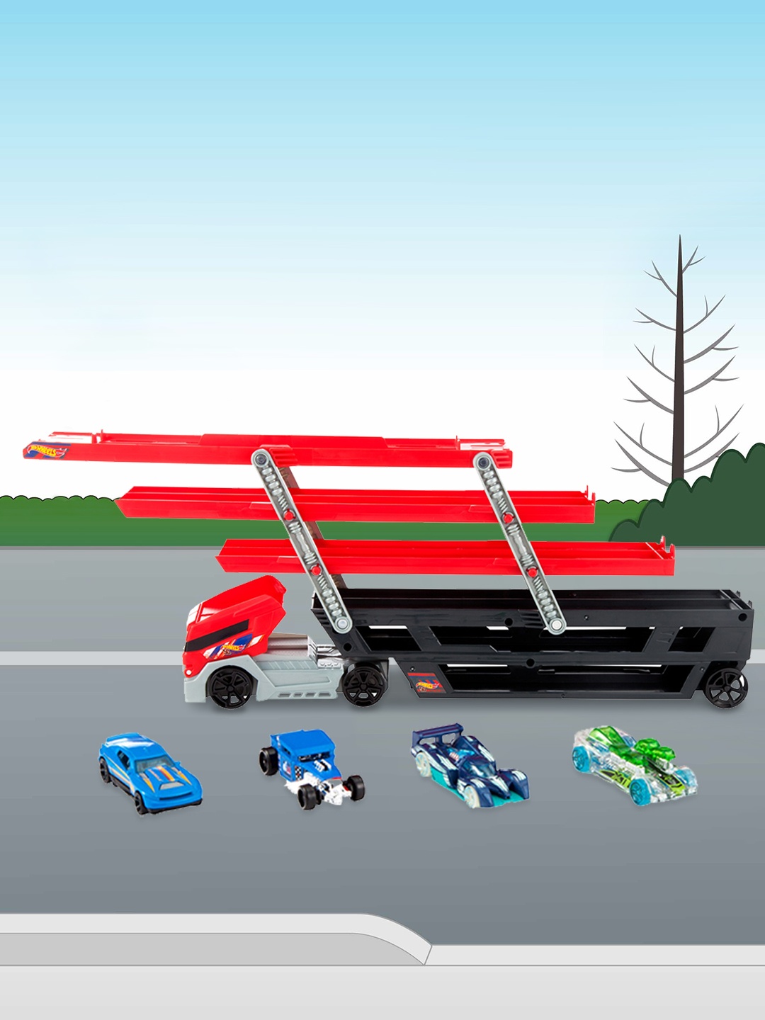 

Hot Wheels Mega Hauler Truck includes 4 Die-cast Cars, Assorted