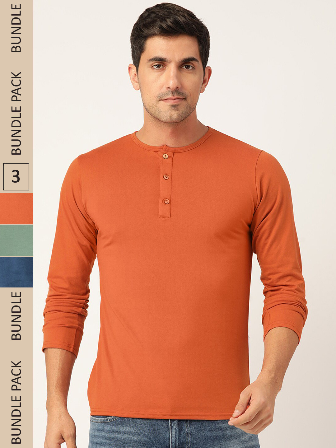 

FERANOID Pack Of 3 Henley Neck Bio Finish Cotton T-shirt, Rust