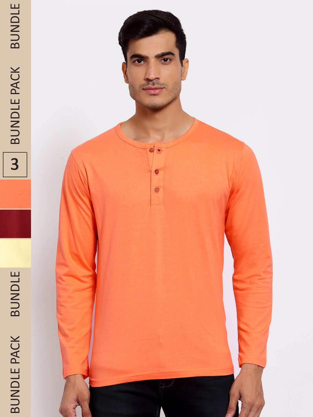 

FERANOID Pack Of 3 Henley Neck Bio Finish Cotton T-shirt, Orange