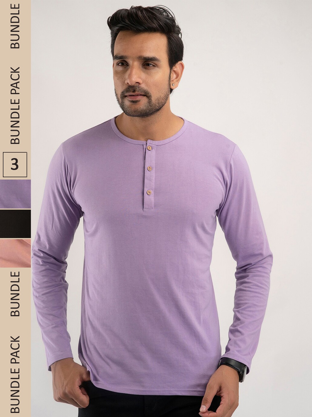 

FERANOID Pack Of 3 Henley Neck Bio Finish Cotton T-shirt, Purple