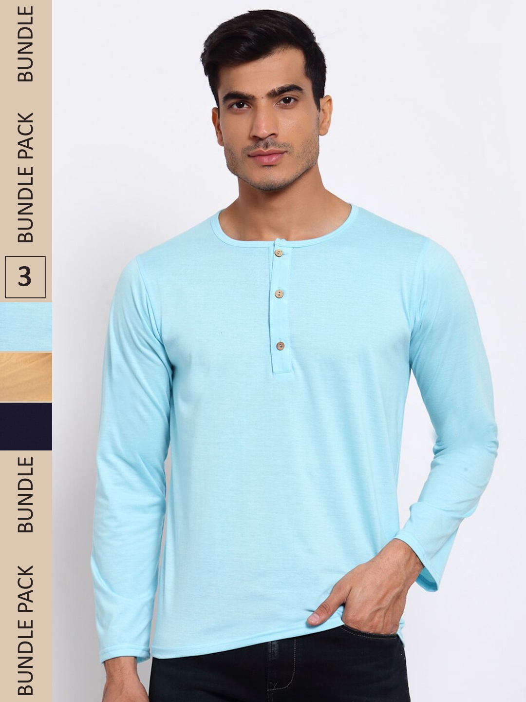 

FERANOID Pack Of 3 Henley Neck Bio Finish Cotton T-shirt, Turquoise blue
