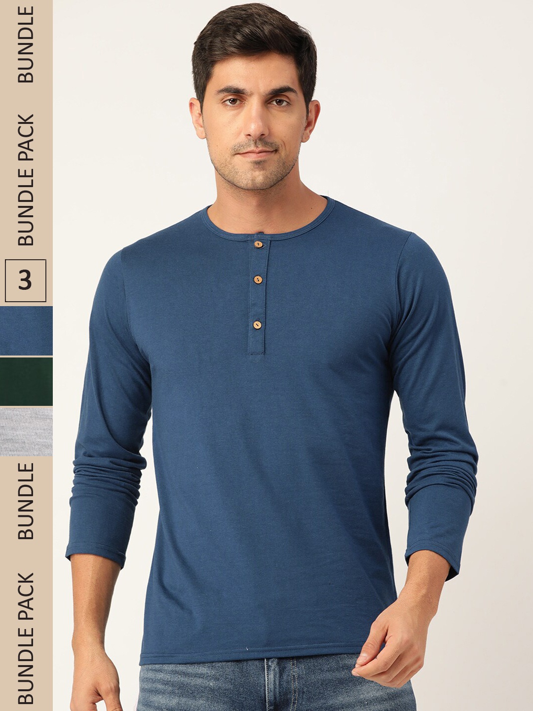 

FERANOID Pack Of 3 Henley Neck Bio Finish Cotton T-shirt, Teal