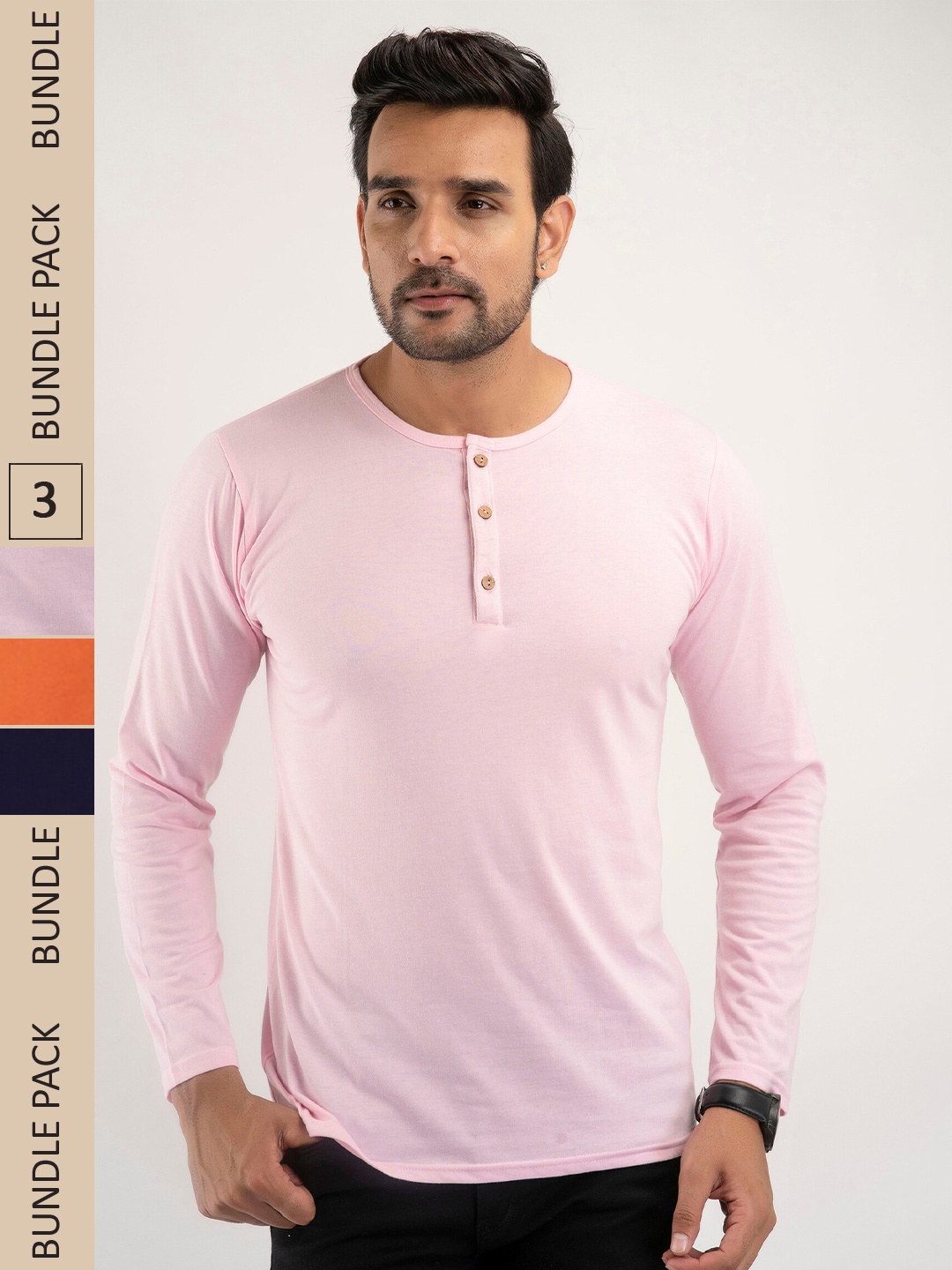 

FERANOID Pack Of 3 Henley Neck Bio Finish Cotton T-shirt, Pink