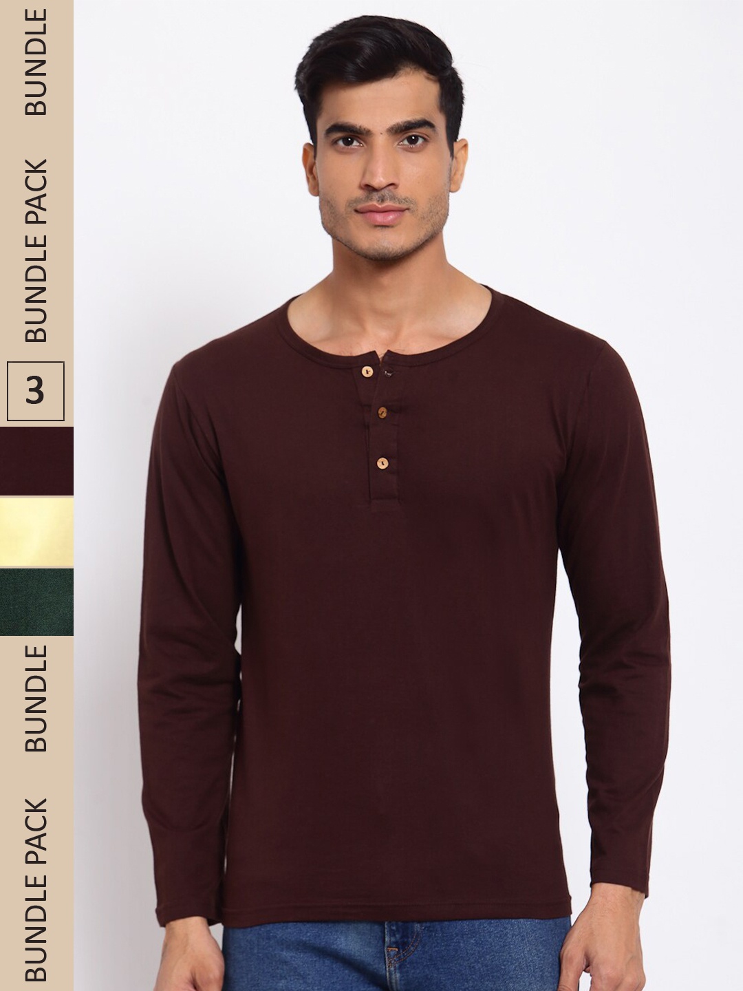 

FERANOID Pack Of 3 Henley Neck Bio Finish Cotton T-shirt, Maroon