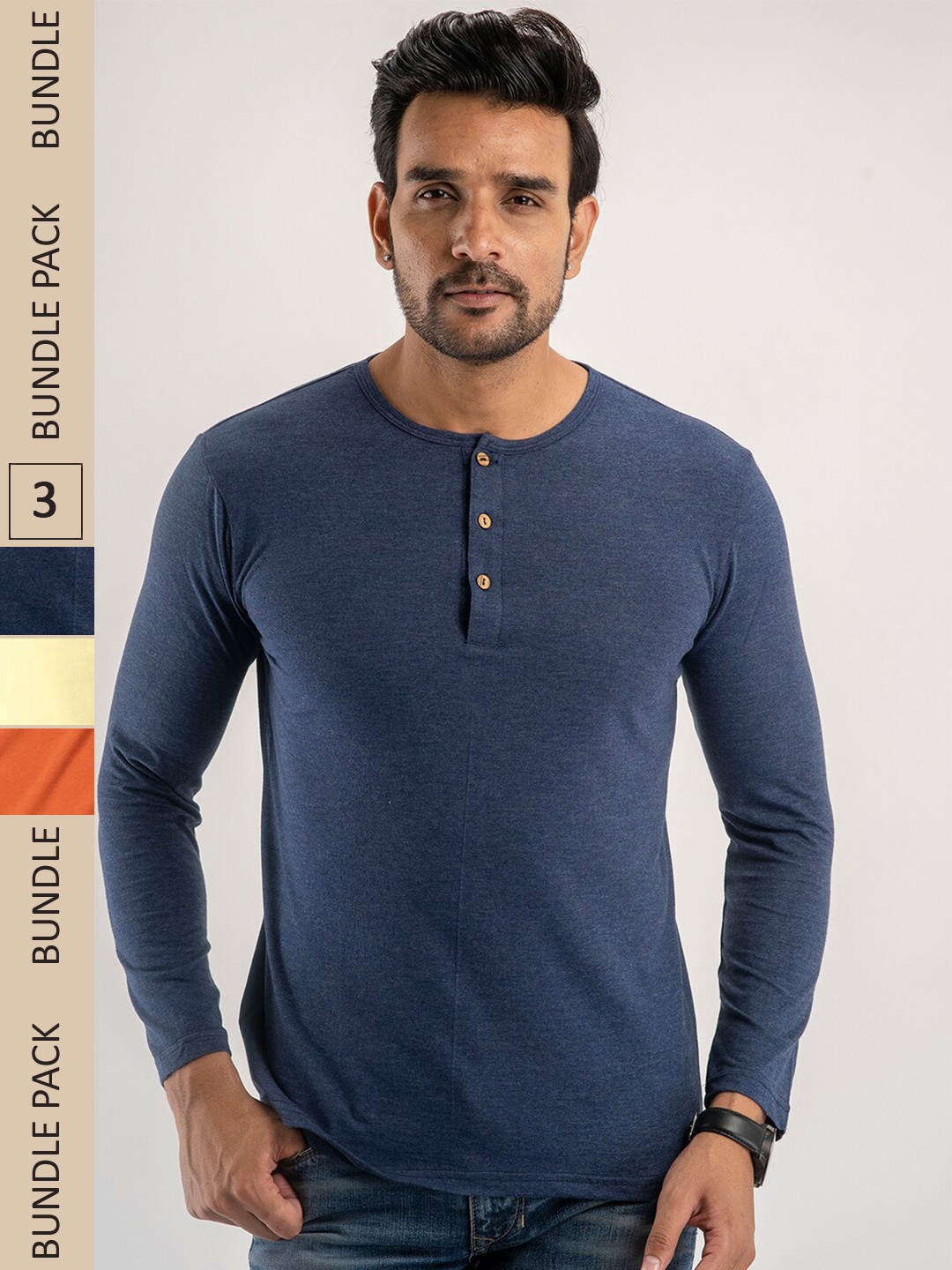 

FERANOID Pack Of 3 Henley Neck Bio Finish Cotton T-shirt, Rust