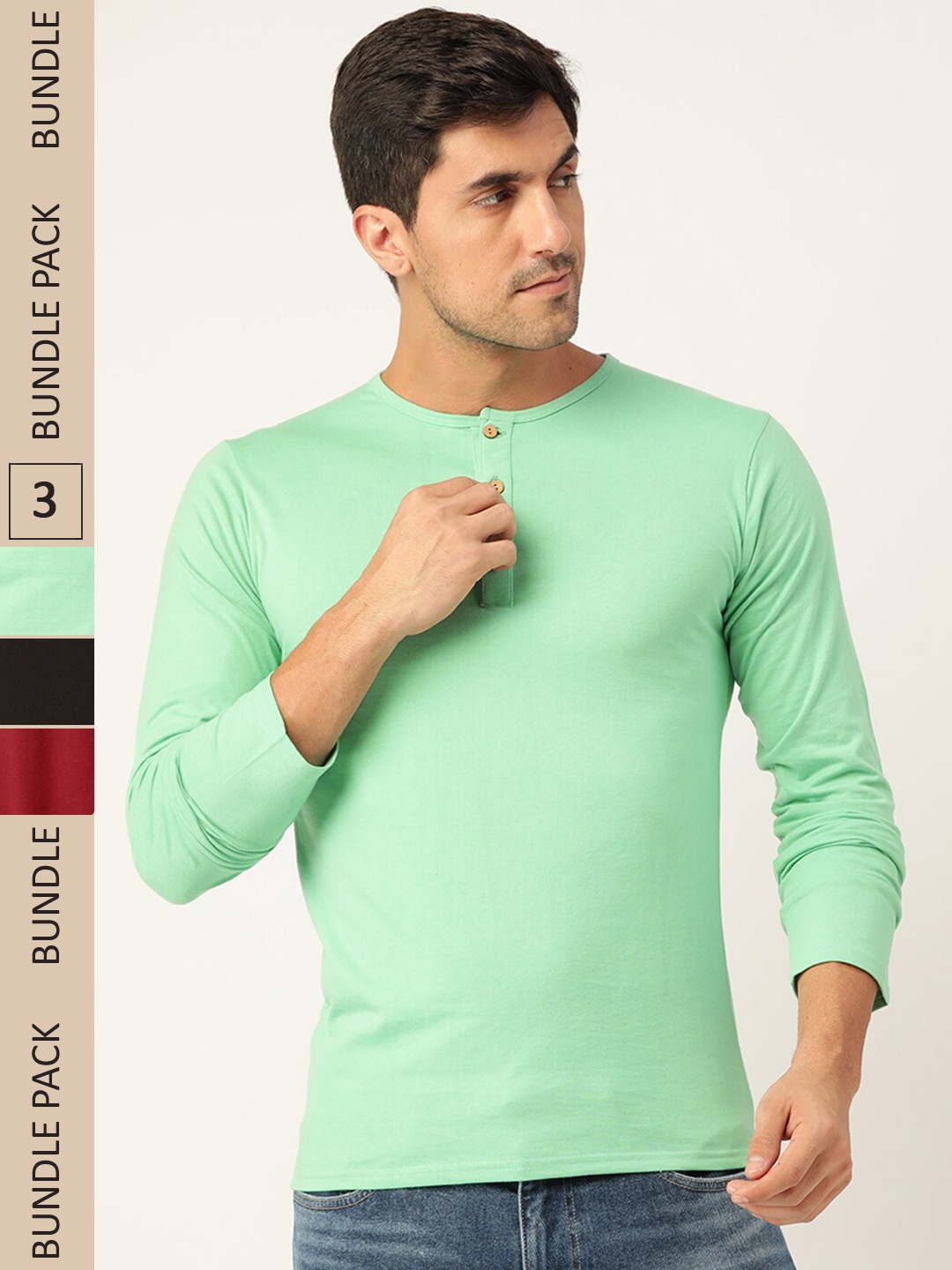 

FERANOID Pack Of 3 Henley Neck Bio Finish Cotton T-shirt, Green