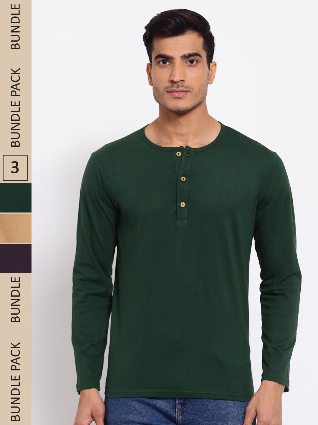 

FERANOID Pack Of 3 Henley Neck Bio Finish Cotton T-shirt, Grey
