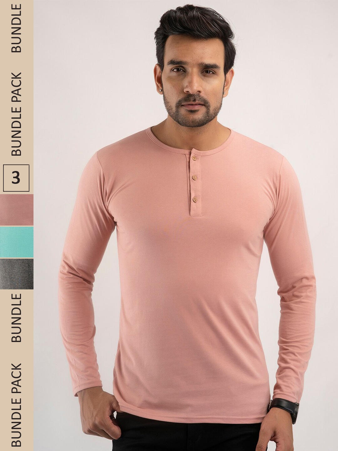 

FERANOID Pack Of 3 Henley Neck Bio Finish Cotton T-shirt, Pink