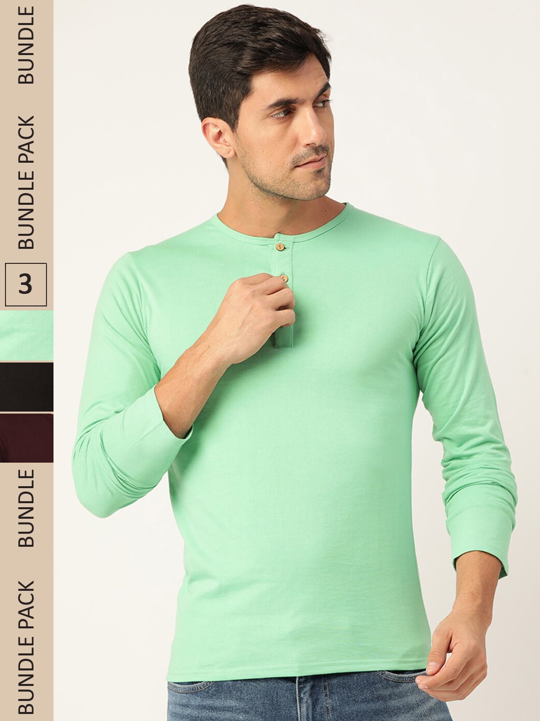 

FERANOID Pack Of 3 Henley Neck Bio Finish Cotton T-shirt, Green